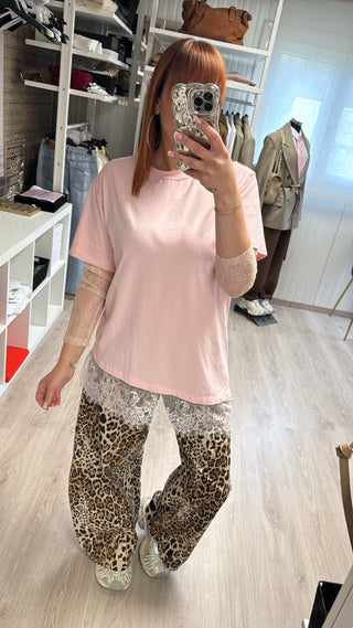 T-shirt manches dentelle rose