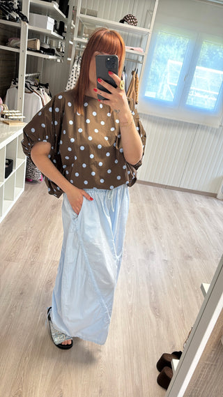 Blouse à pois marron/bleu