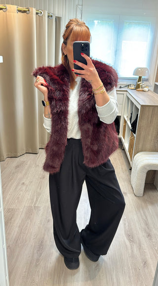 Veste fourrure sans manches bordeaux