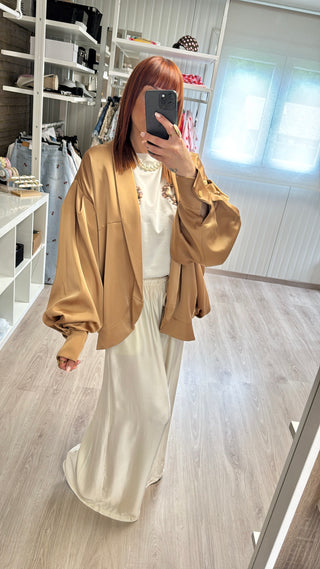 Pantalon fluide écru/champagne effet perle