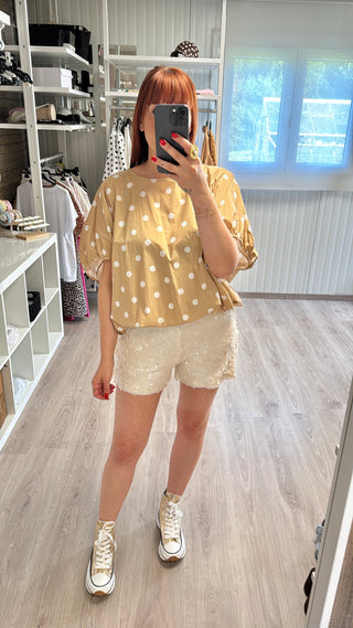 Blouse à pois beige/blanc