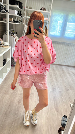 Blouse à pois rose/rouge