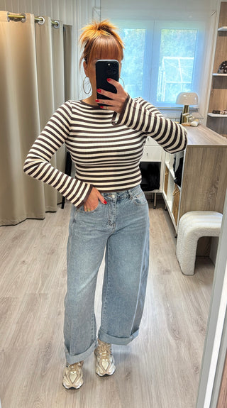Pull chaussette ligné marron et beige