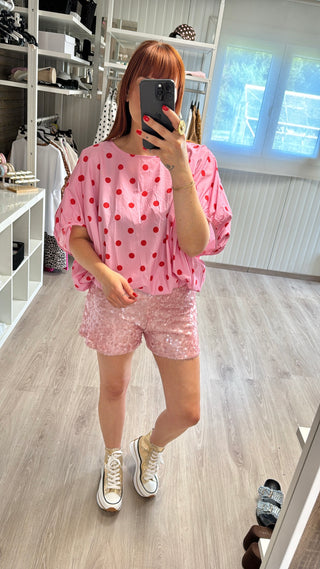 Blouse à pois rose/rouge