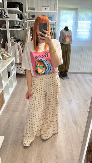 Pantalon palazzo à pois écru/beige