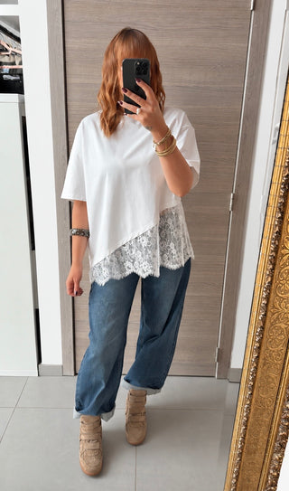 T-shirt dentelle blanc asymétrique