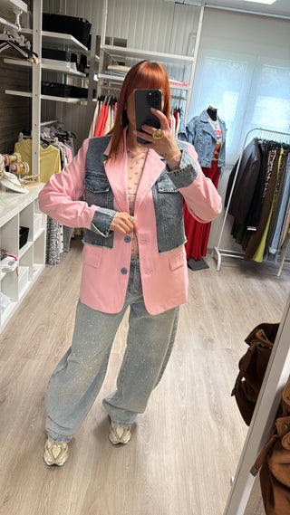 Blazer bi-matière rose et denim