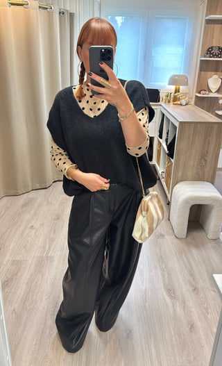 Blouse tulle beige à pois noirs