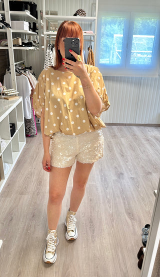 Blouse à pois beige/blanc