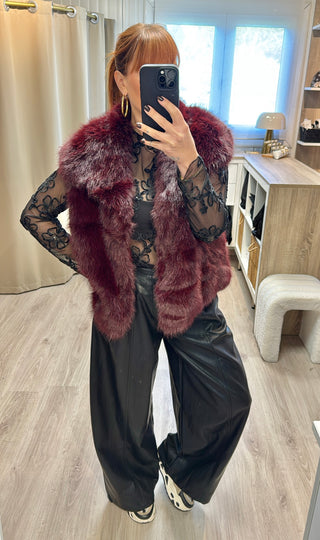 Veste fourrure sans manches bordeaux