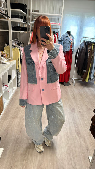 Blazer bi-matière rose et denim