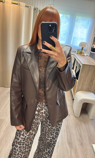 Blazer asymétrique similicuir marron