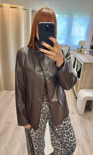 Blazer asymétrique similicuir marron