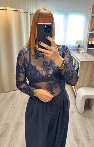 Blouse tulle fleurs velours et sequins beau marine