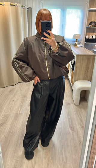 Veste/bomber marron bandes léopard