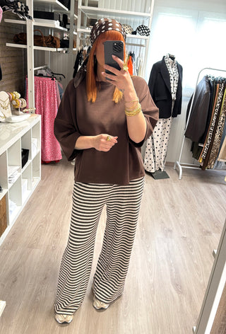 Pantalon texturé écru & marron