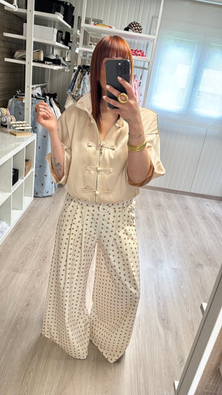 Pantalon palazzo à pois écru/beige