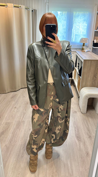 Blazer asymétrique similicuir kaki