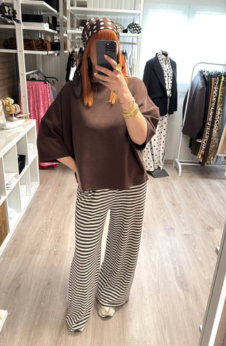 Pantalon texturé écru & marron