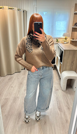 Pull et écharpe léopard choco/camel