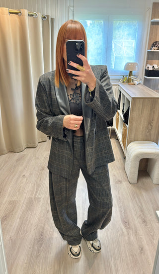 Blazer à carreaux col effet cuir