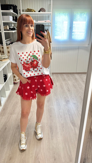 Short en jeans pois rose/rouge