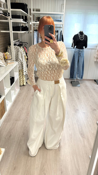 Blouse dentelle fleur beige