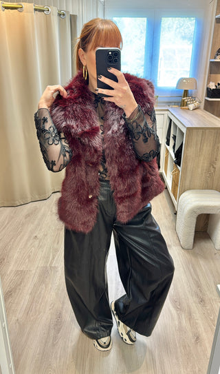 Veste fourrure sans manches bordeaux