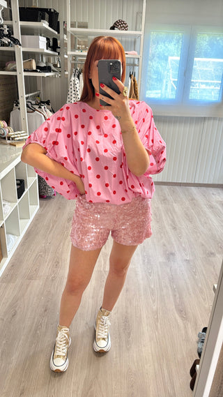 Blouse à pois rose/rouge
