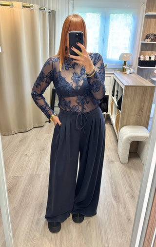 Blouse tulle fleurs velours et sequins beau marine